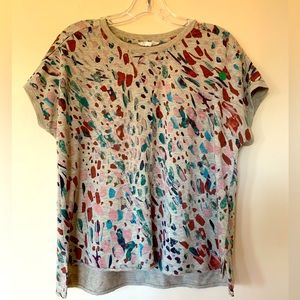 westbound, short sleeves shirt, distressed colorful spots, longer back hem, S
